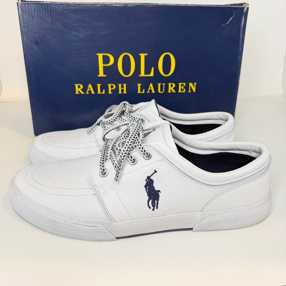 Polo Ralph Lauren Mens White Leather Low Top Sneakers Navy Pony Logo Shoes